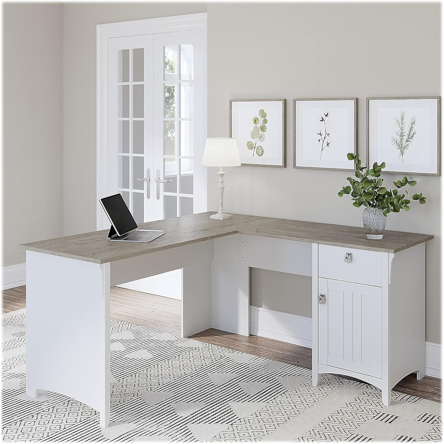Bush Furniture Salinas 60" L Shaped Desk with Storage, Shiplap Gray & Pure White