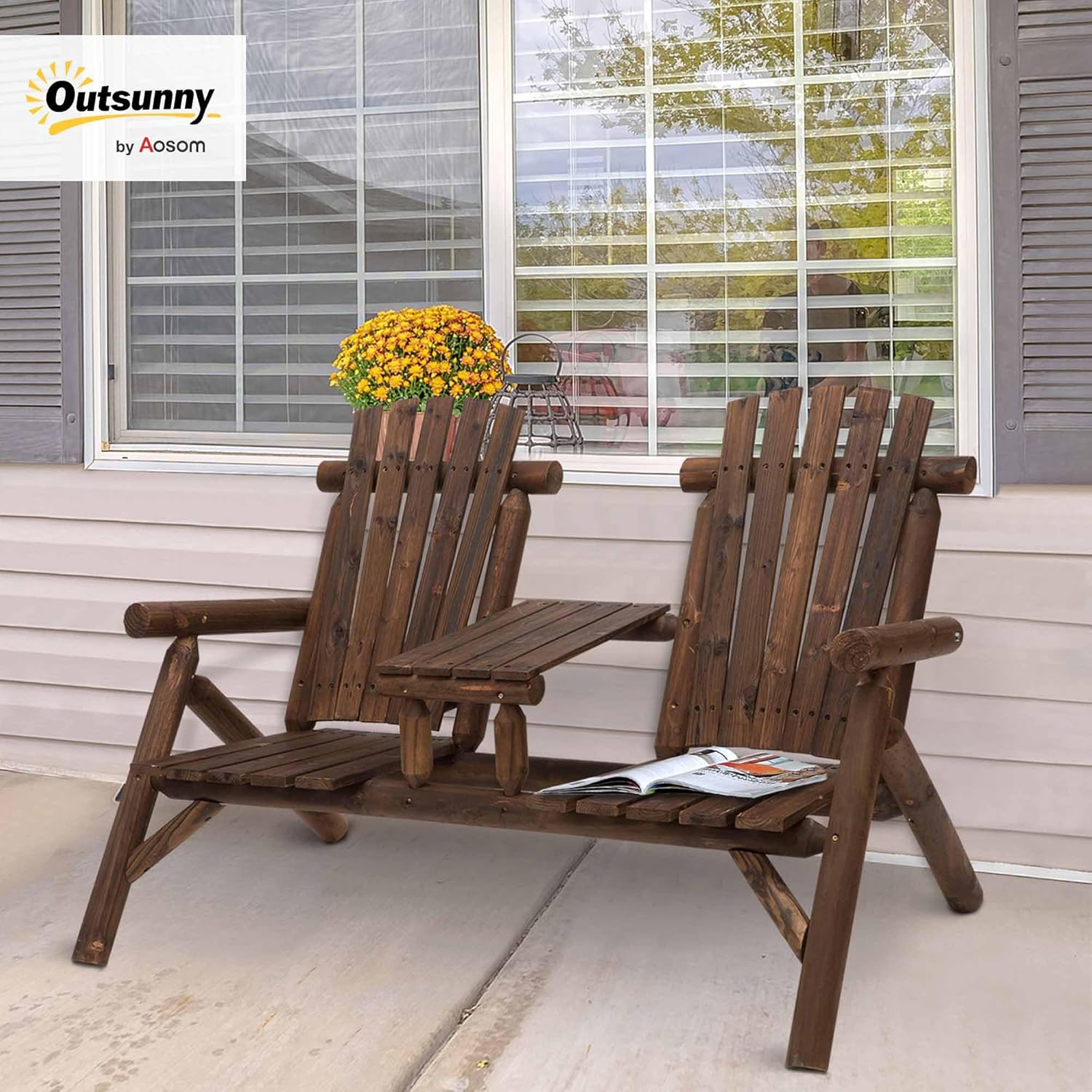 Outsunny Outdoor Wood Adirondack Bench Chair with Center Table, Brown