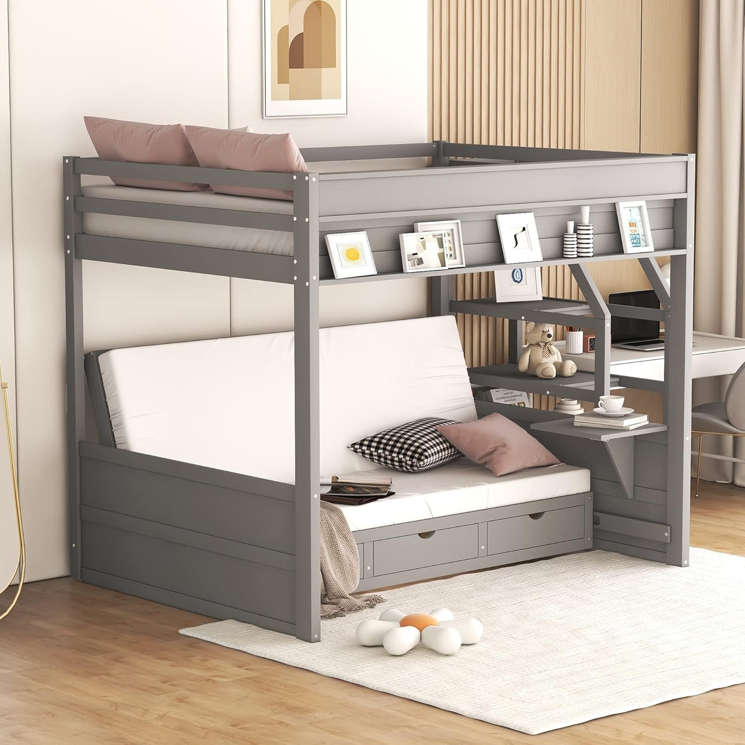 Harper & Bright Designs Full Over Full/Futon Bunk Beds with Stairs and 3 Drawers, Built-in Shelf, Bottom Bed can be Converted into Daybed, Solid Wood Bunk Bed Frame - Gray
