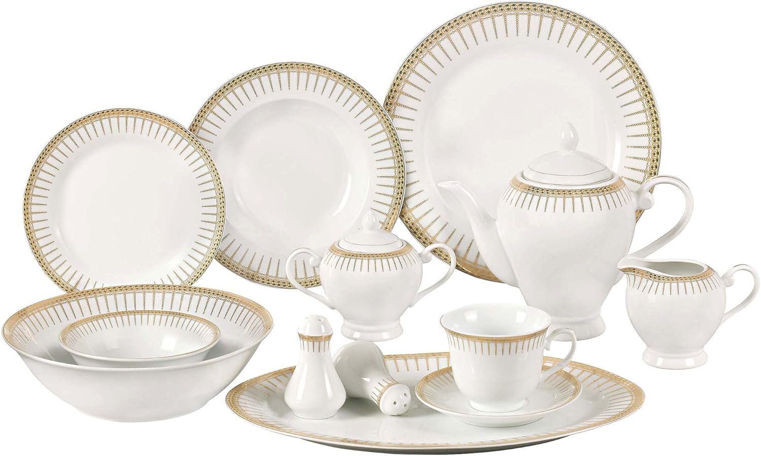 Lorren Home Trends 57-Piece Porcelain Dinnerware Set with Rain Drop Border, Service for 8, Gold