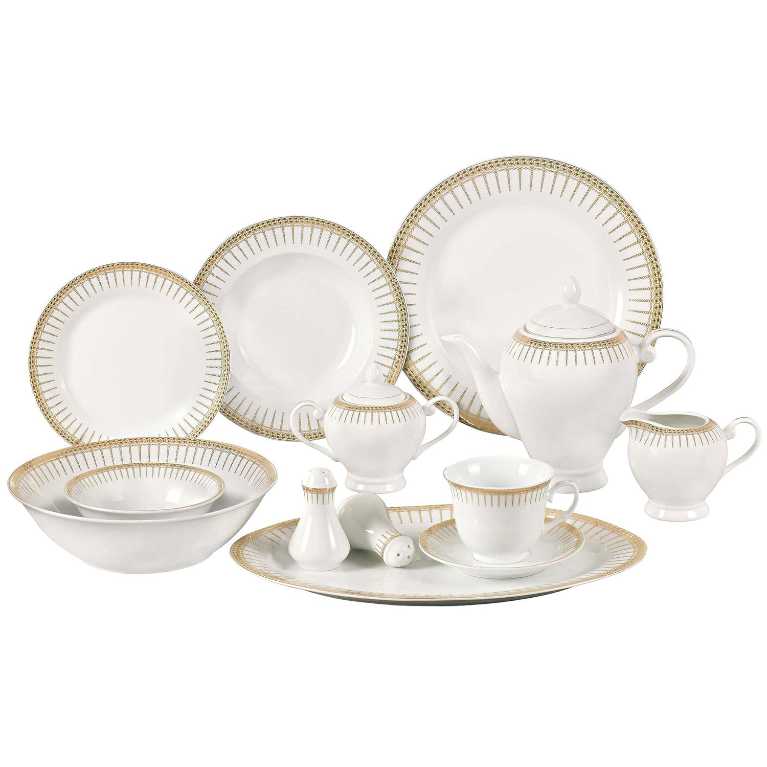 Lorren Home Trends 57-Piece Porcelain Dinnerware Set with Rain Drop Border, Service for 8, Gold