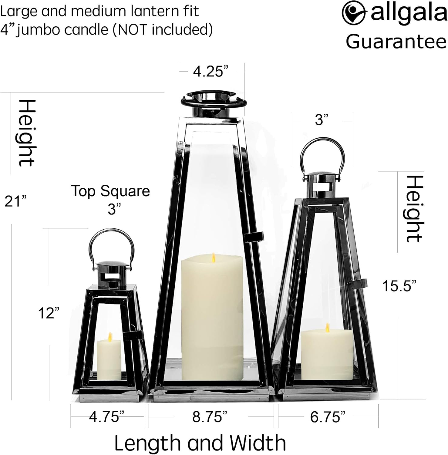 Allgala 3-PC Set Jumbo Luxury Modern Indoor/Outdoor Hurricane Candle Lantern Set With Chrome Plated Structure and Tempered Glass-Taper Black-HD88023