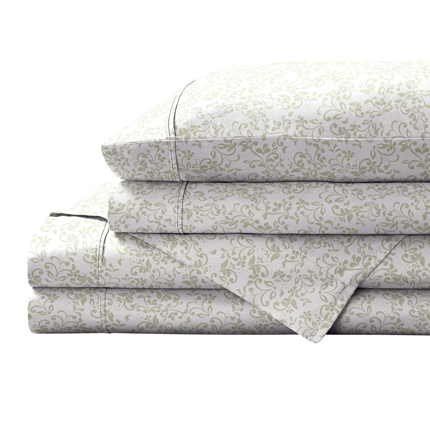 Queen Green Vines Cotton Percale Sheet Set