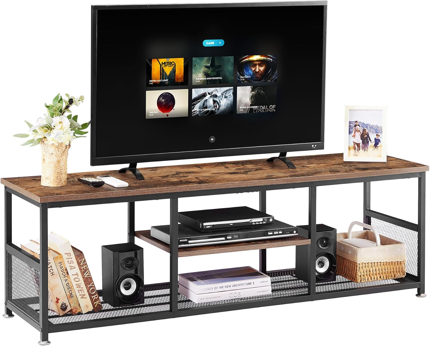 VECELO TV Stand with Power Outlets for Televisions up to 55 Inch, 47" Media Entertainment Center with Charging Station 3-Tier Open Storage Shelves with Metal Frame for Living Room/Bedroom，Black