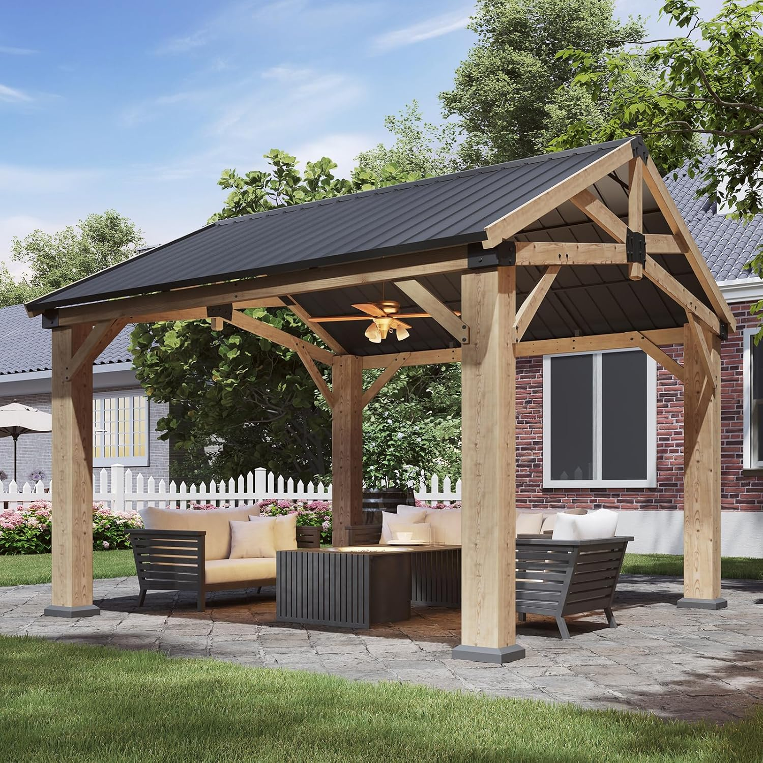 Aoxun 12' x 20' Outdoor Wood Gazebo, Hardtop Gazebo Permanent Wooden Pavilion with Galvanized Steel Gable Roof, for Patio, Garden, Deck, Cedar Wood