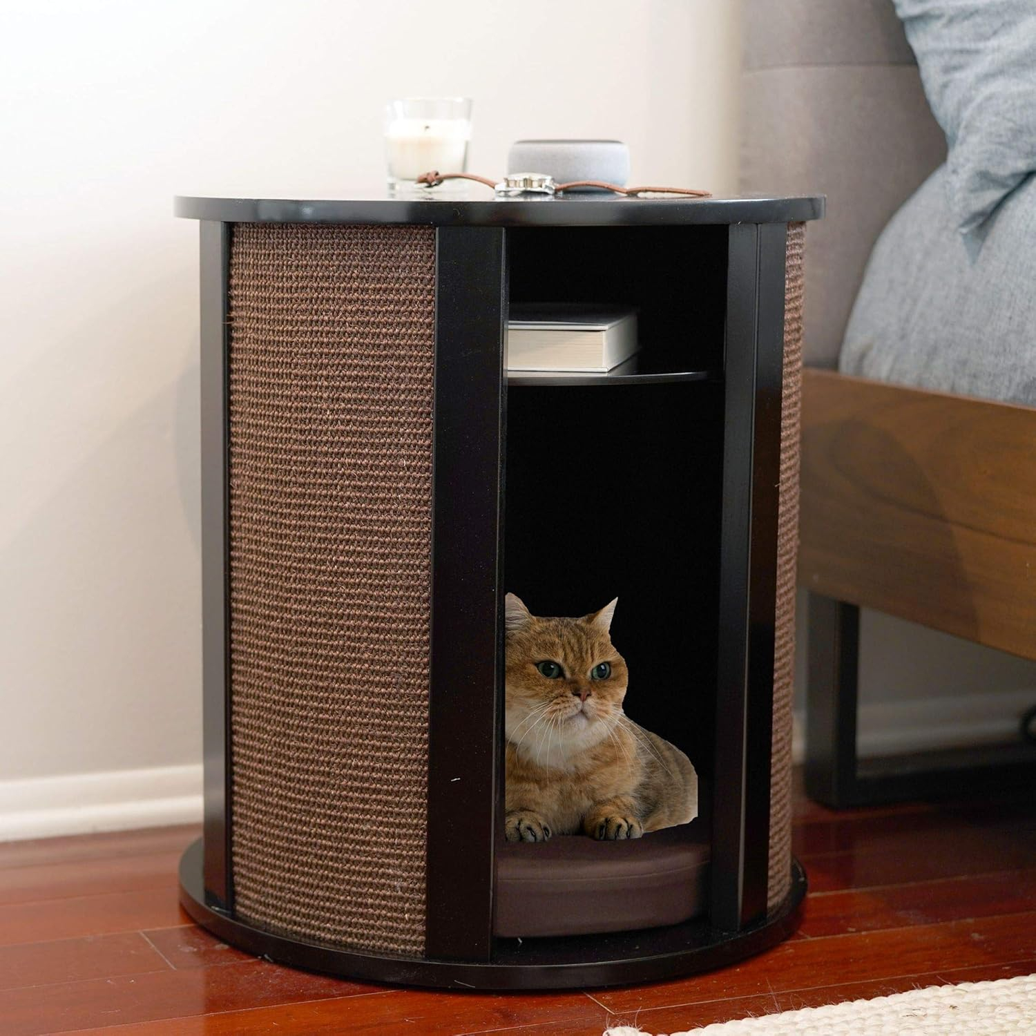Jadona Purrrrfect End Table Cat Bed Cave in Black Espresso, Multipurpose Wood Cat Furniture Nightstand, Easy to Clean Covered Cat Bed with Replaceable Scratching Post & Washable Cushion