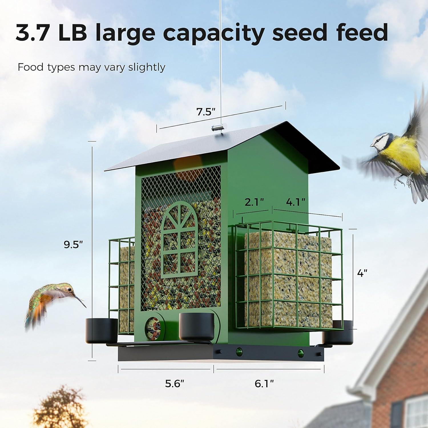PerchMe®Bird Feeders for Outdoors Hanging, Metal Bird House Feeder with 2 Suet Cage and 4 Water Cups,Large Capacity,Weatherproof,Easy to Clean & Refill-Green