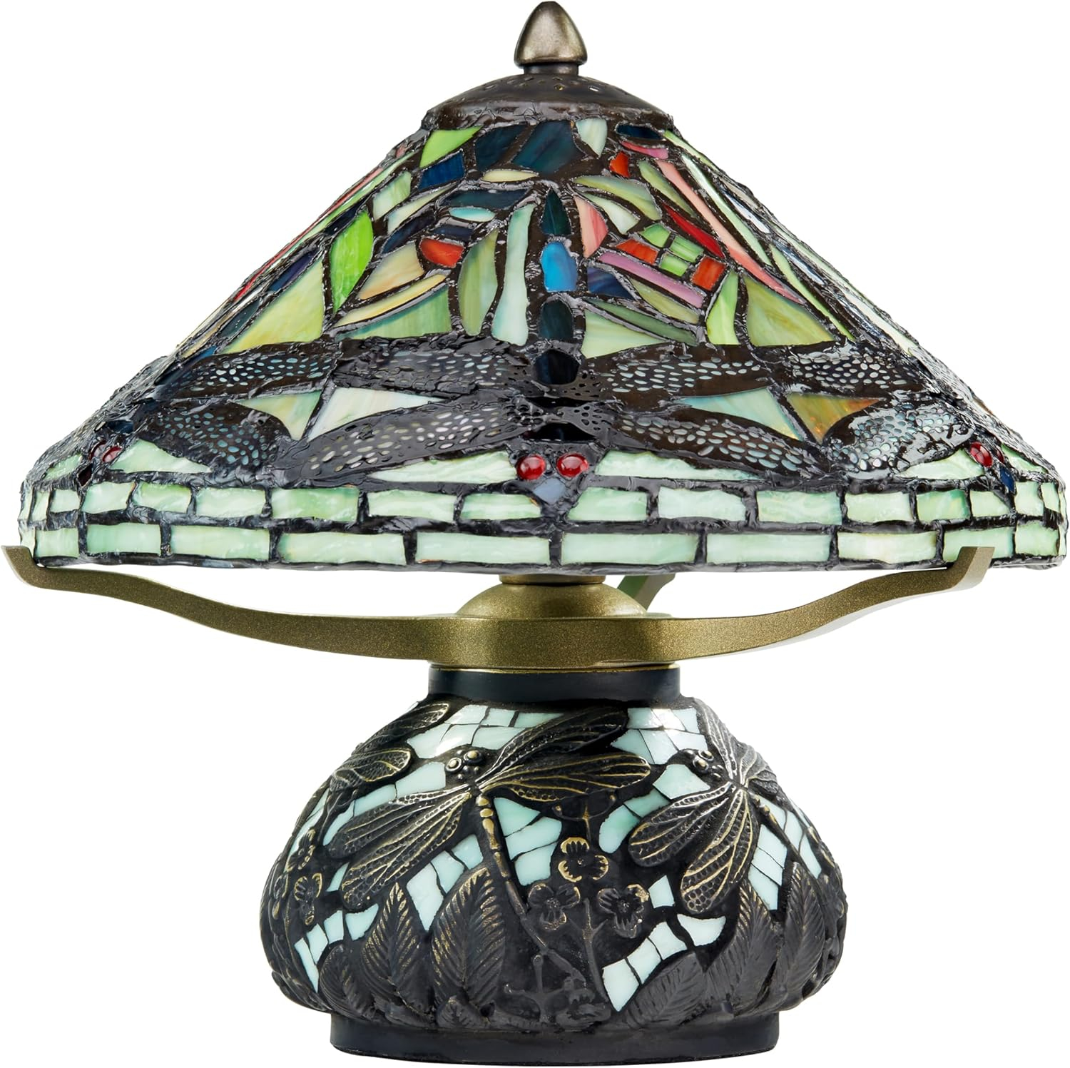 10" H Stained Glass Mini Dragonfly Table Lamp w/ Mosaic Base