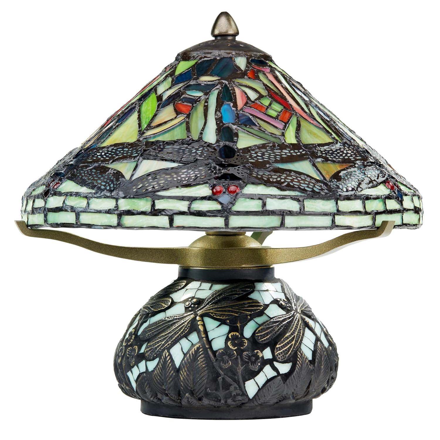 10" H Stained Glass Mini Dragonfly Table Lamp w/ Mosaic Base