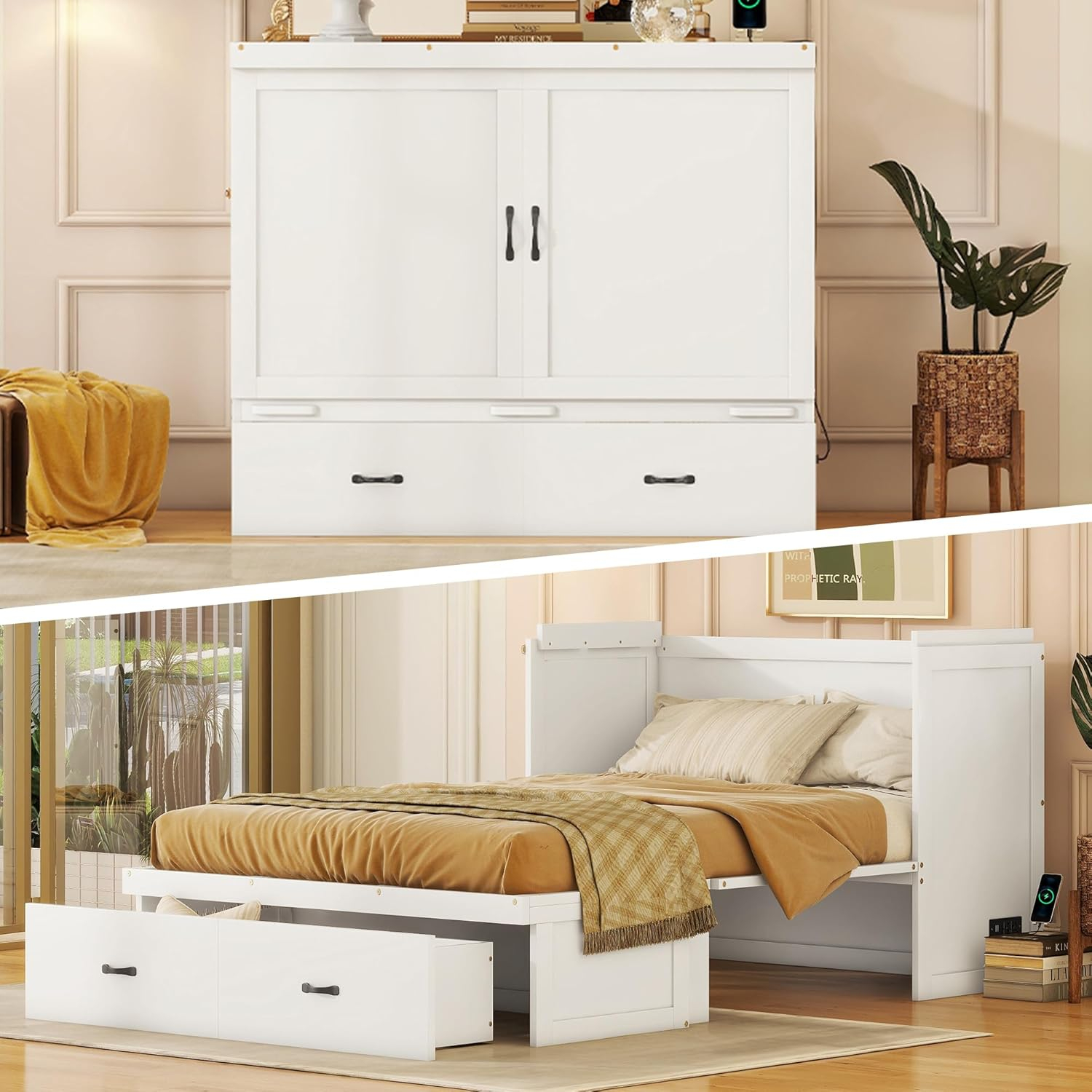 Harper & Bright Designs Full Size Murphy Bed with USB Port and a Large Drawer, Space-Saving Wall Bed for Multipurpose Guest Room or Home Office - White