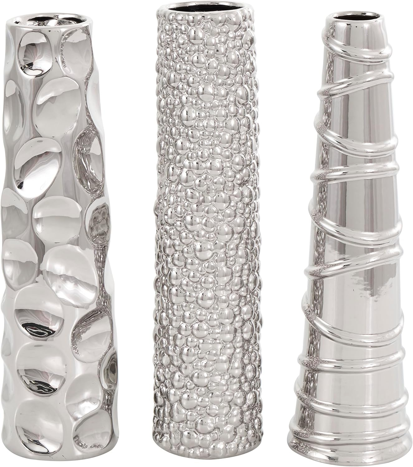 DecMode 12"H, 3"W Silver Ceramic Vase with Varying Patterns, Set of 3