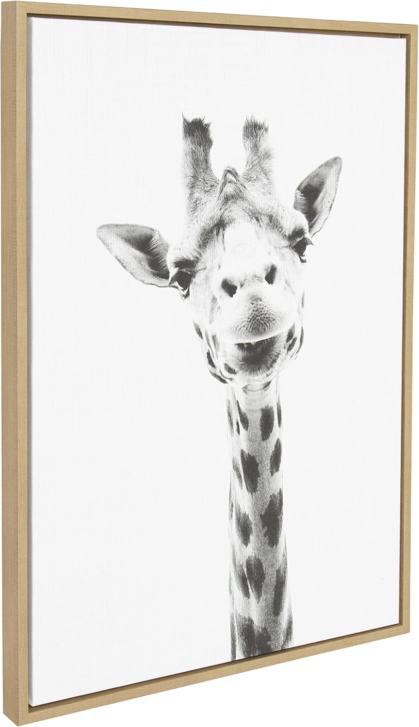 Kate and Laurel Sylvie Giraffe Animal Print Black and White Portrait Framed Canvas Wall Art by Simon Te Tai, 23x33 Natural