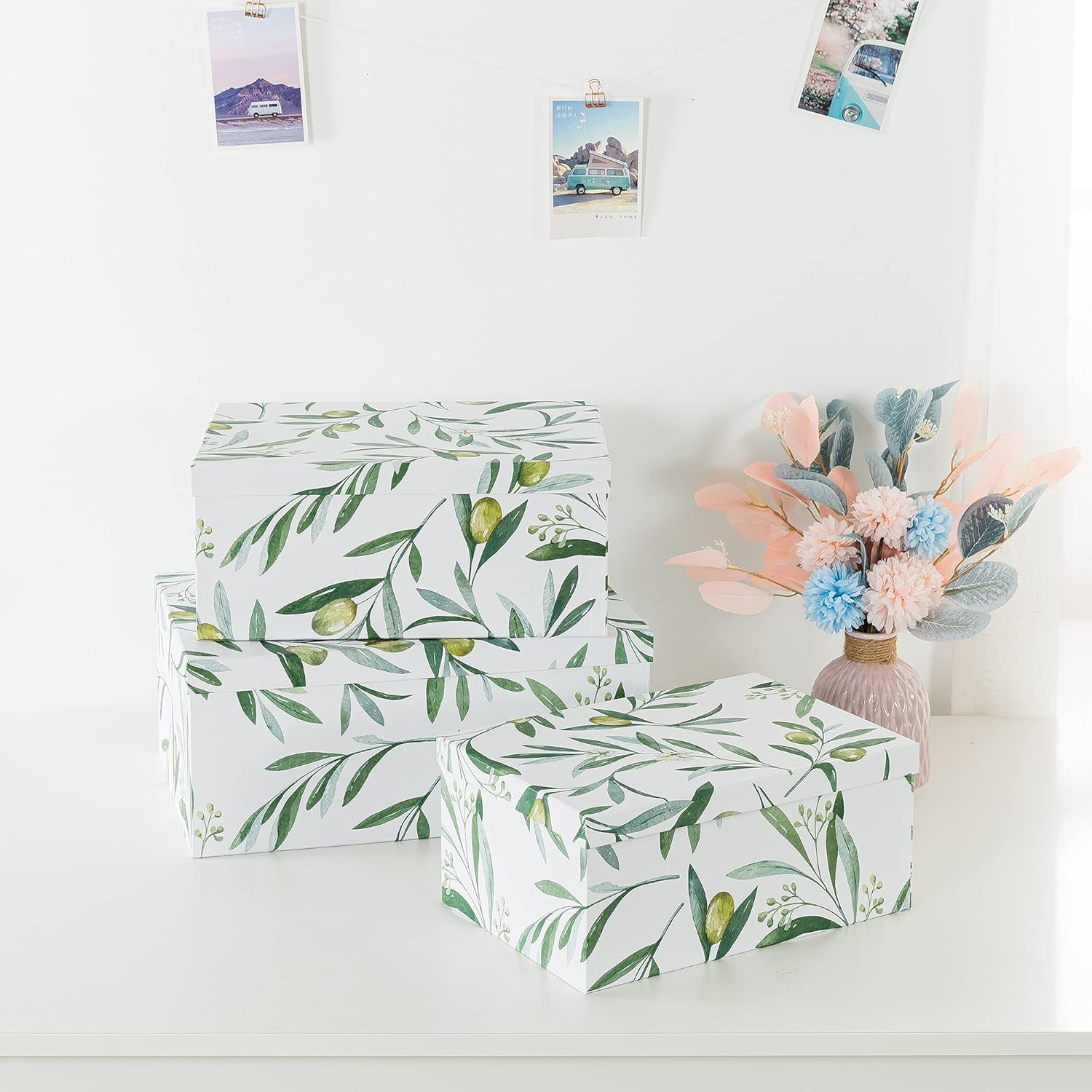 Soul & Lane Olive Branches Cardboard Boxes - Set of 3: Botanical Themed Wedding Favor Bins, Paperboard Photo Storage Box, Flower Decorative Storage Boxes with Lids, Green and White Gift Bins