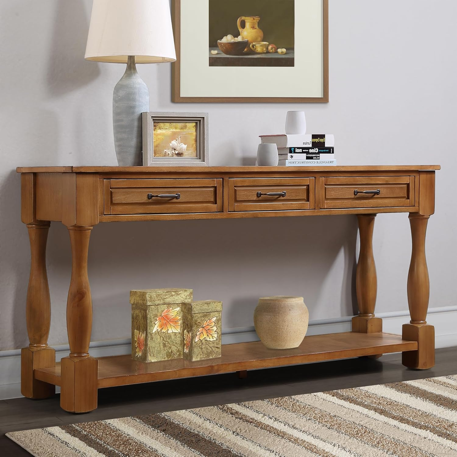63inch Solid Wood Console Table with 3 Drawers and 1 Bottom Shelf Extra-Thick Sofa Table(Brown)