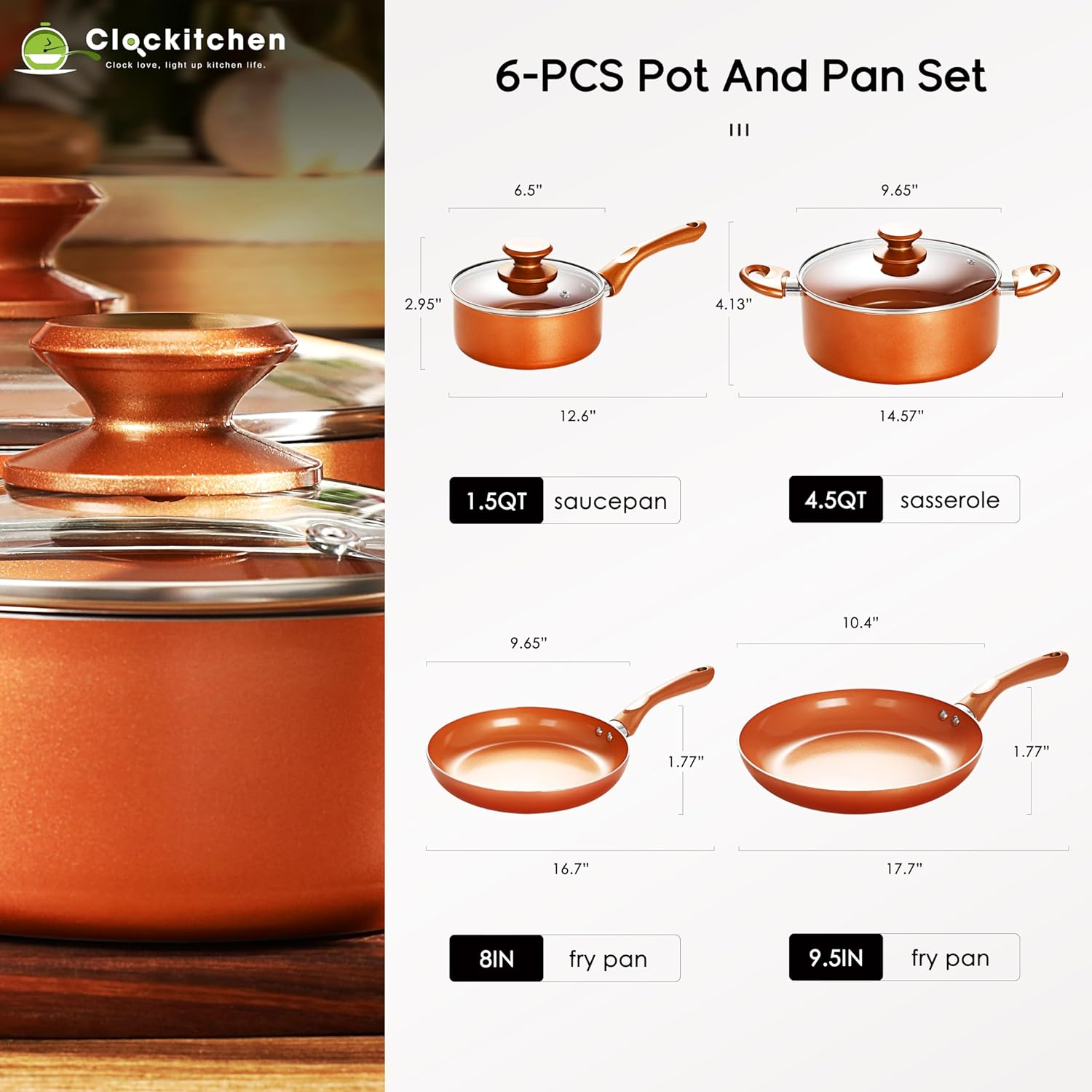 Copper Nonstick Aluminum 6-Piece Cookware Set with Glass Lids