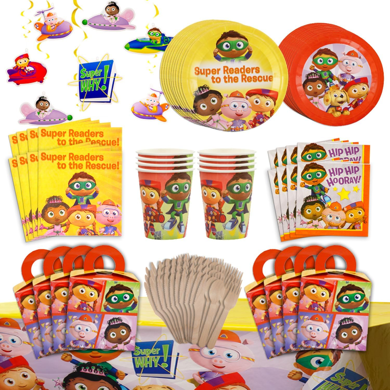 Super Why! Party In A Box Complete Party Kit: 8 Plates, 8 Dessert Plates, 20 Napkins, 8 Cups, 8 Favor Boxes, 24 Utensils, 1 Tablecloth, & 1 77" Banner - All Characters Included!