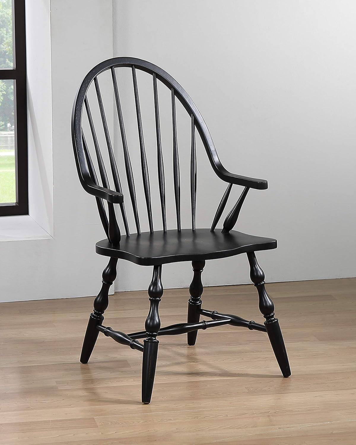 Sunset Trading Black Cherry Selections Windsor Spindleback Dining Chair with Arms | Fully Assembled Kitchen Armchair| Modern Farmhouse Minimalist Country Cottage | Antique Black Solid Wood