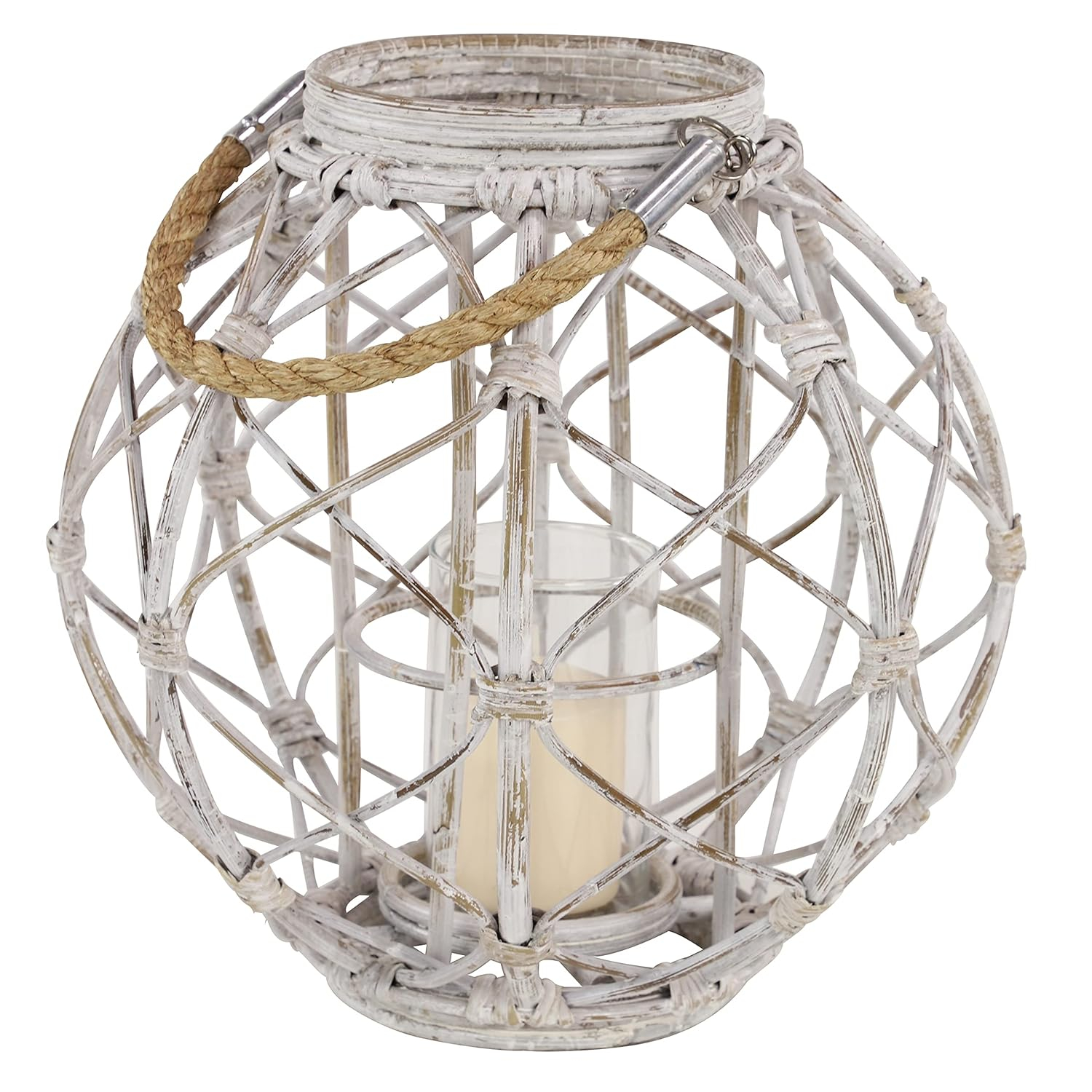Decmode Large Round Woven Rattan White Lantern with Burlap Jute Rope Handle and Glass Insert, 15” x 15”