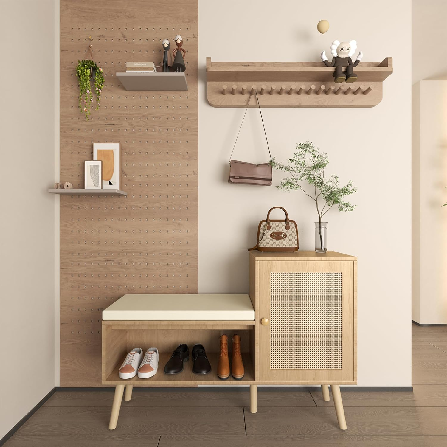 Natural Rattan Wood Shoe Storage Bench with Removable Cushion
