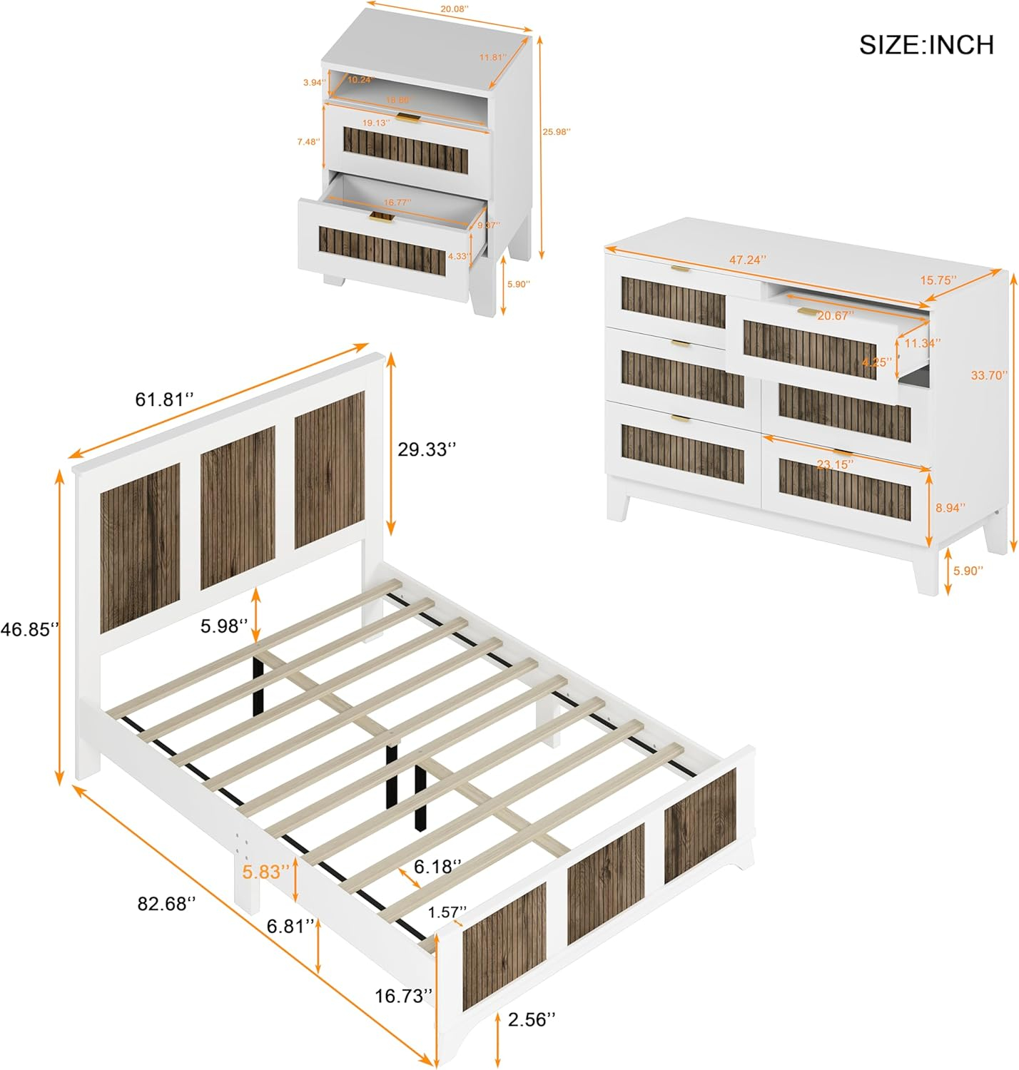 4 Pieces Bedroom Sets Queen Size Farmhouse Platform Bed with Wooden Strip Decoration, 2 Storage Nightstands and A 6-Drawer Dresser with Metal Handle for Kids Teens Adults - White