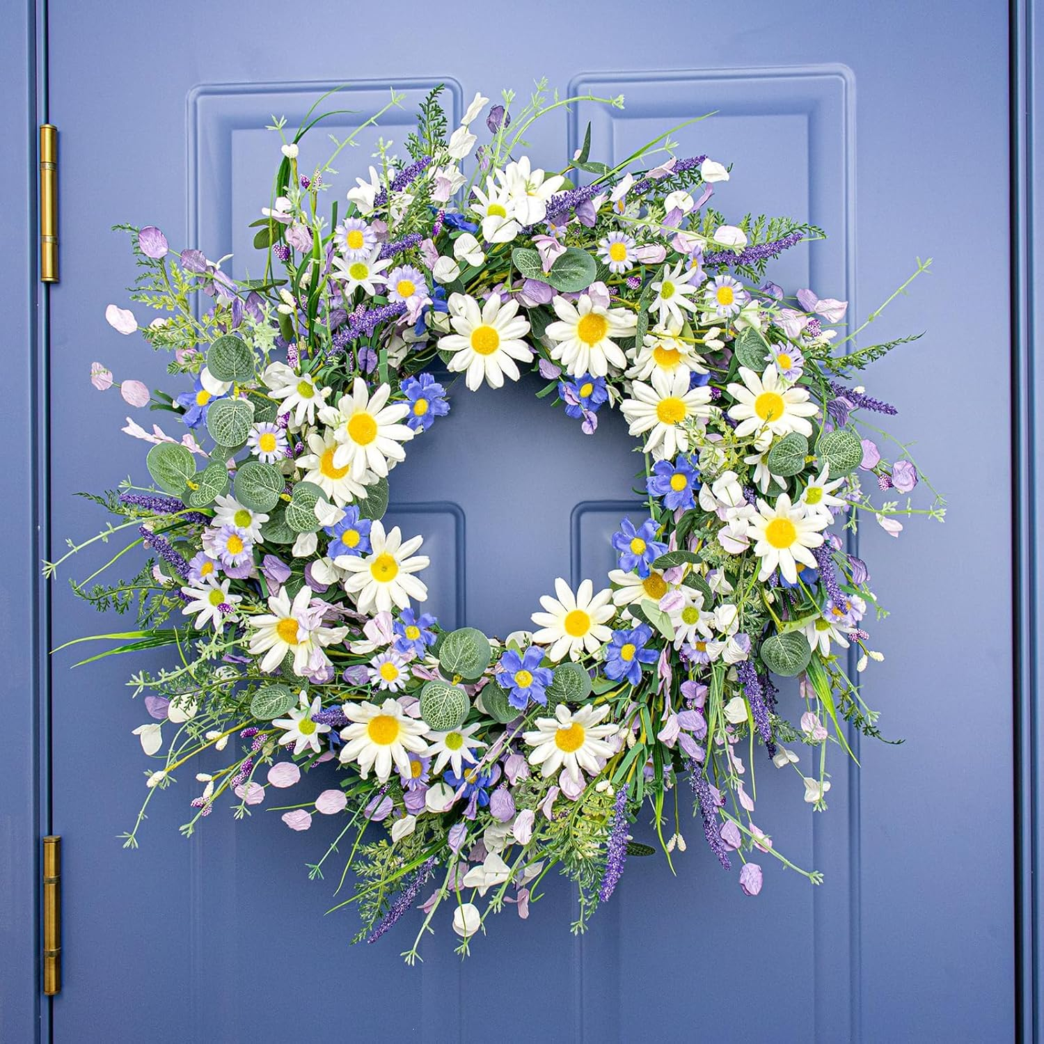 22 Inches Spring Wreaths for Front Door Blue Spring Door Wreath Summer Floral Wreath with Wildflower Lanvender for Wall Porch Indoors Outdoor Window Home Decorations