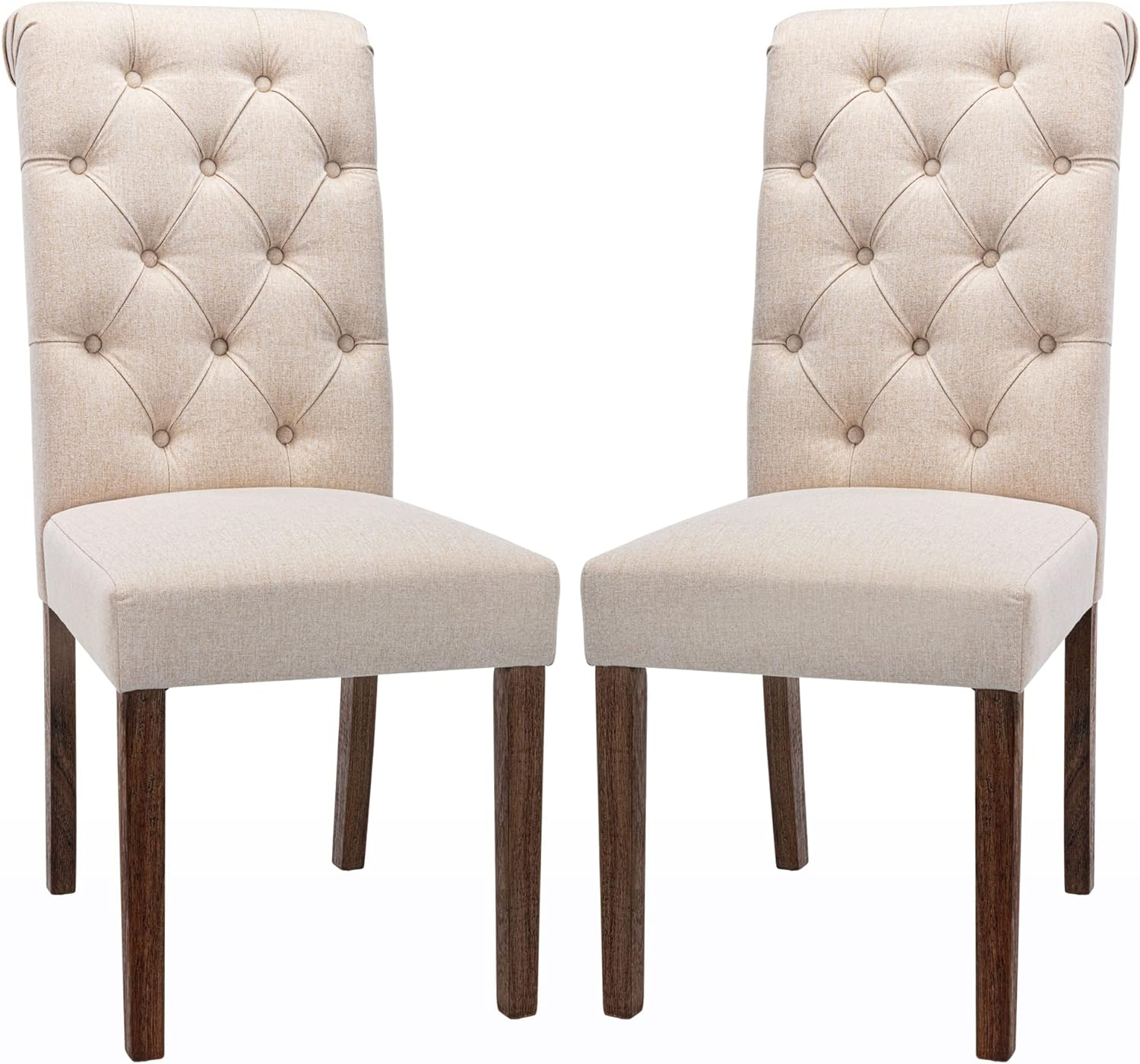 COLAMY Tufted Dining Room Chairs Set of 2, Accent Parsons Diner Chairs Upholstered Fabric Side Stylish Kitchen Chairs with Solid Wood Legs and Padded Seat - Beige