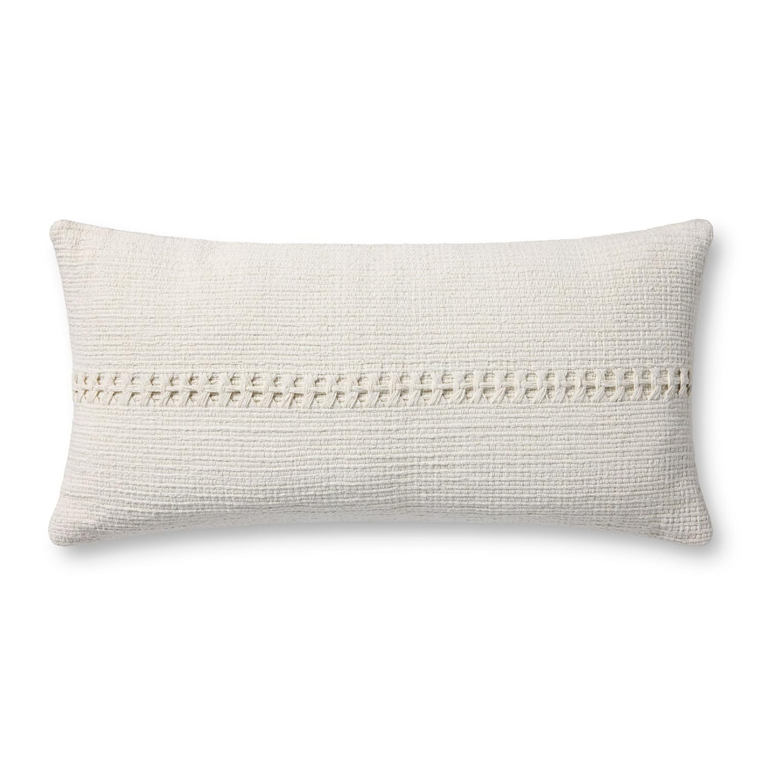 White Cotton Lumbar Pillow with Textured Stripe, 12'' x 27''