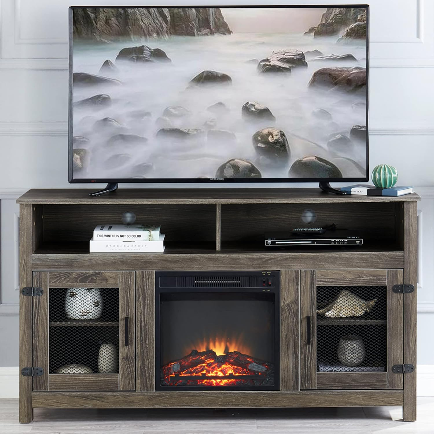 Modern 65'' Fireplace TV Stand Farmhouse with 23''Electric Fireplace,Storage Cabinet and Adjustable Shelves for Living Room Bedroom(Grey)