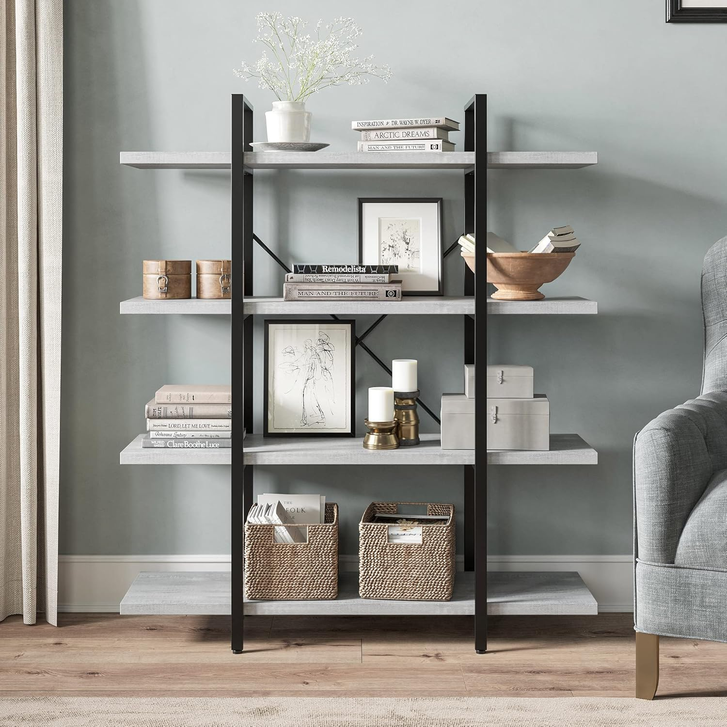BELLEZE 4 Tier Modern Rustic Industrial Bookshelf - Hazel (Stone Grey)