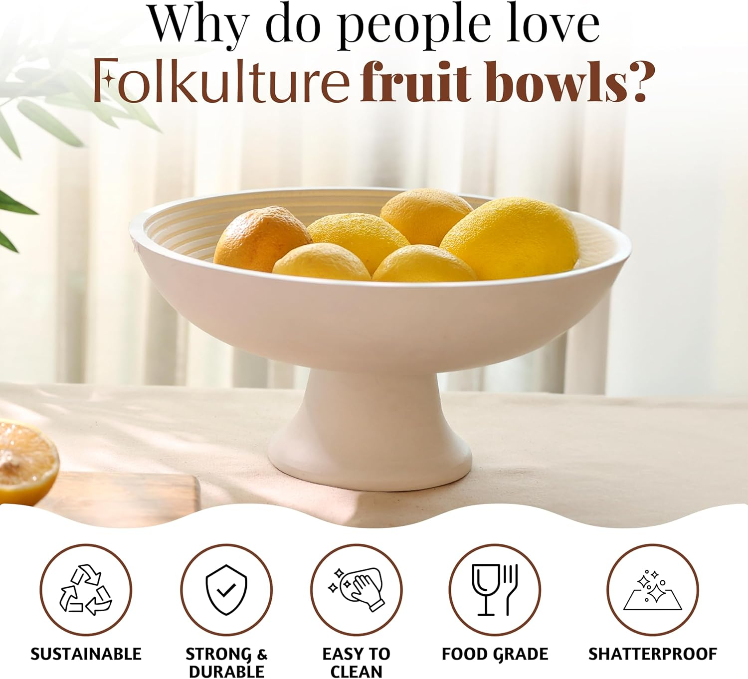 White Round Mango Wood Fruit Bowl for Serving and Decor