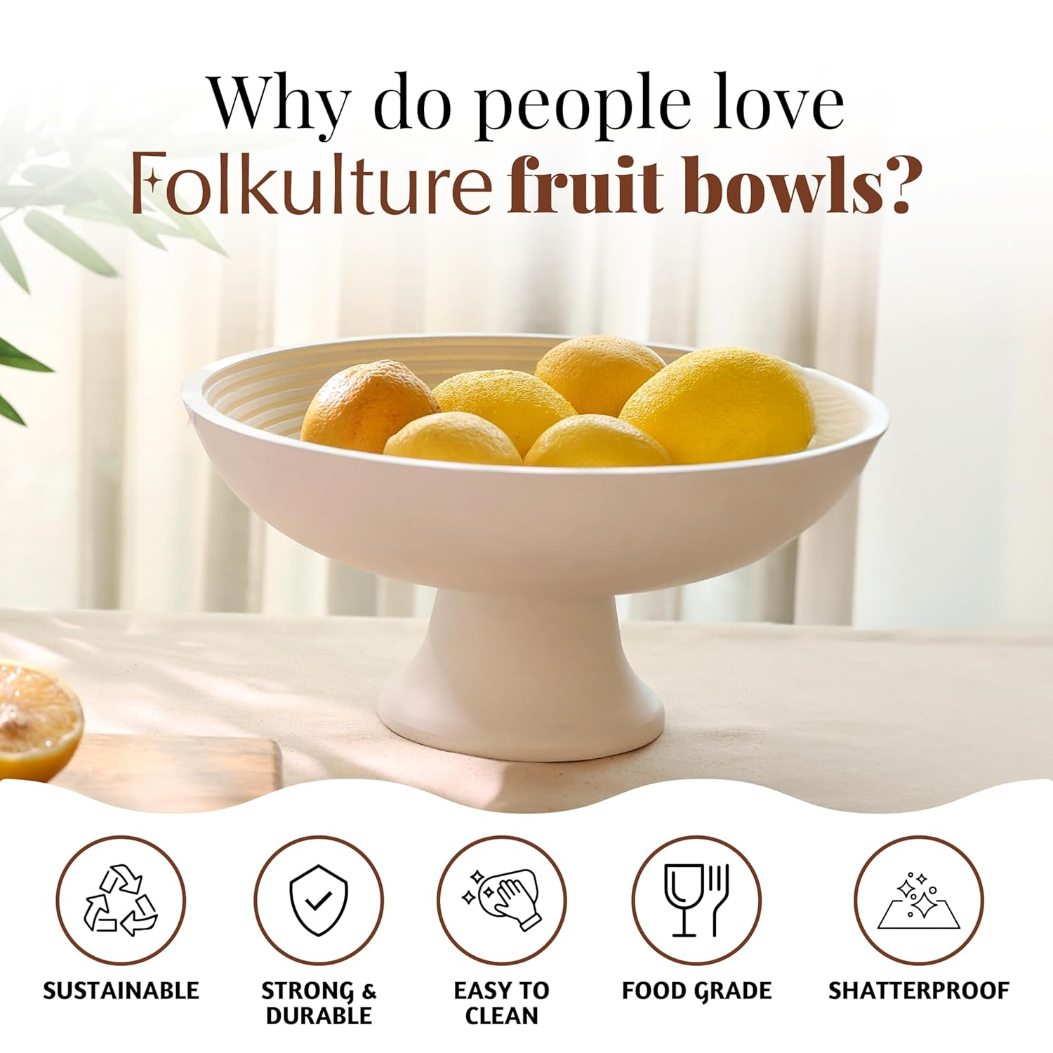 White Round Mango Wood Fruit Bowl for Serving and Decor