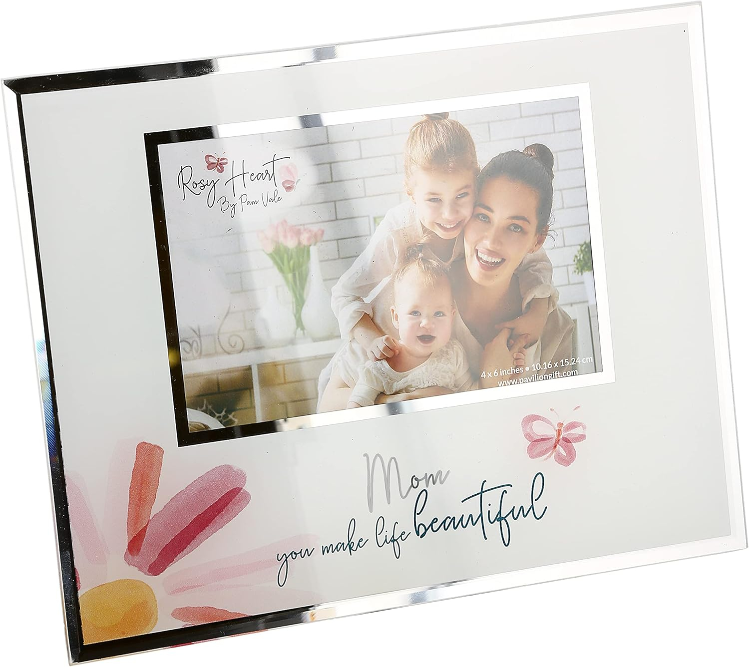 Pavilion Gift Company 6" x 4" Photo Mom You Make Life Beautiful Horizontal Candle, 9.25" x 7.25" Glass Easel Back Picture Frame, Pink