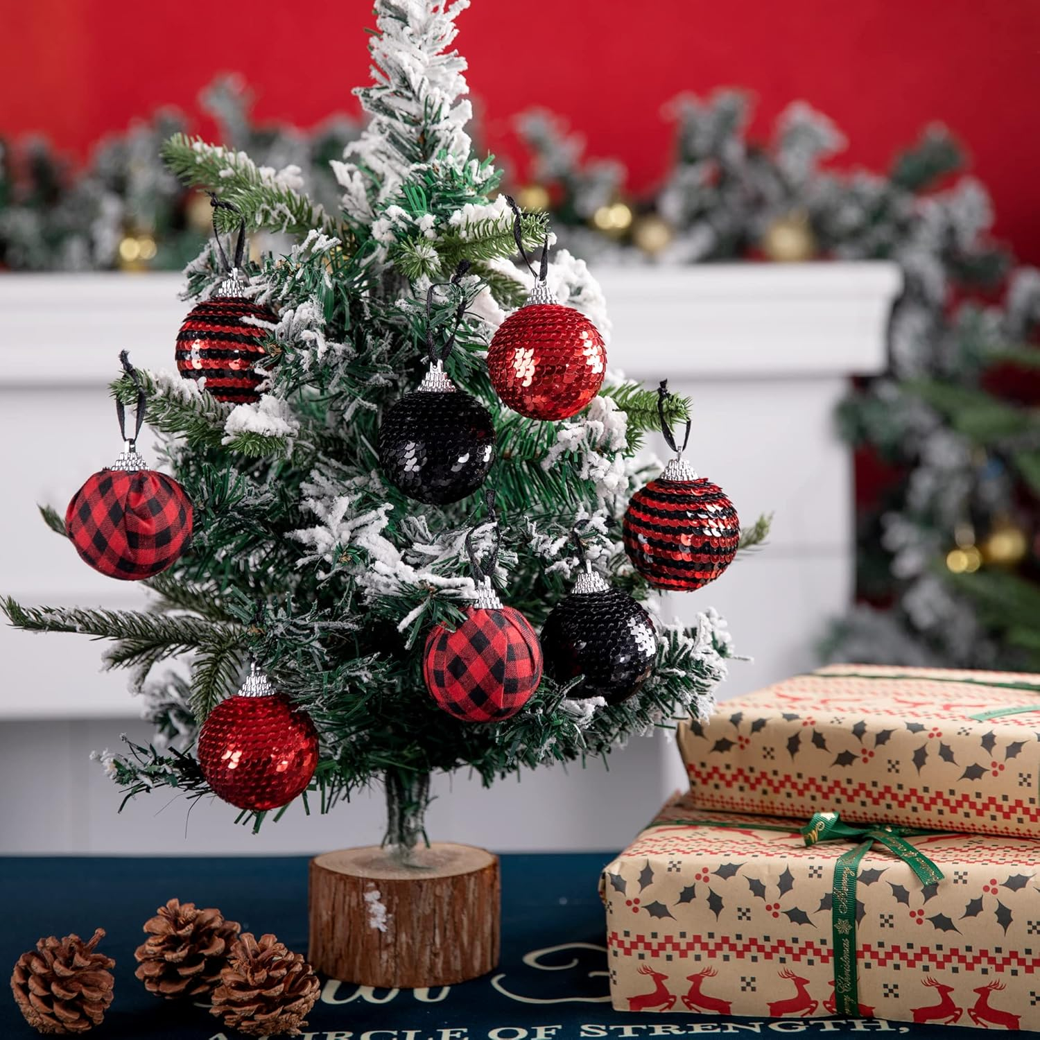 12pcs Black and Red Sequin Balls,1.96" Christmas Buffalo Plaid Hanging Balls,Shatterproof Xmas Checkered Tree Ornaments for Party Home Decor