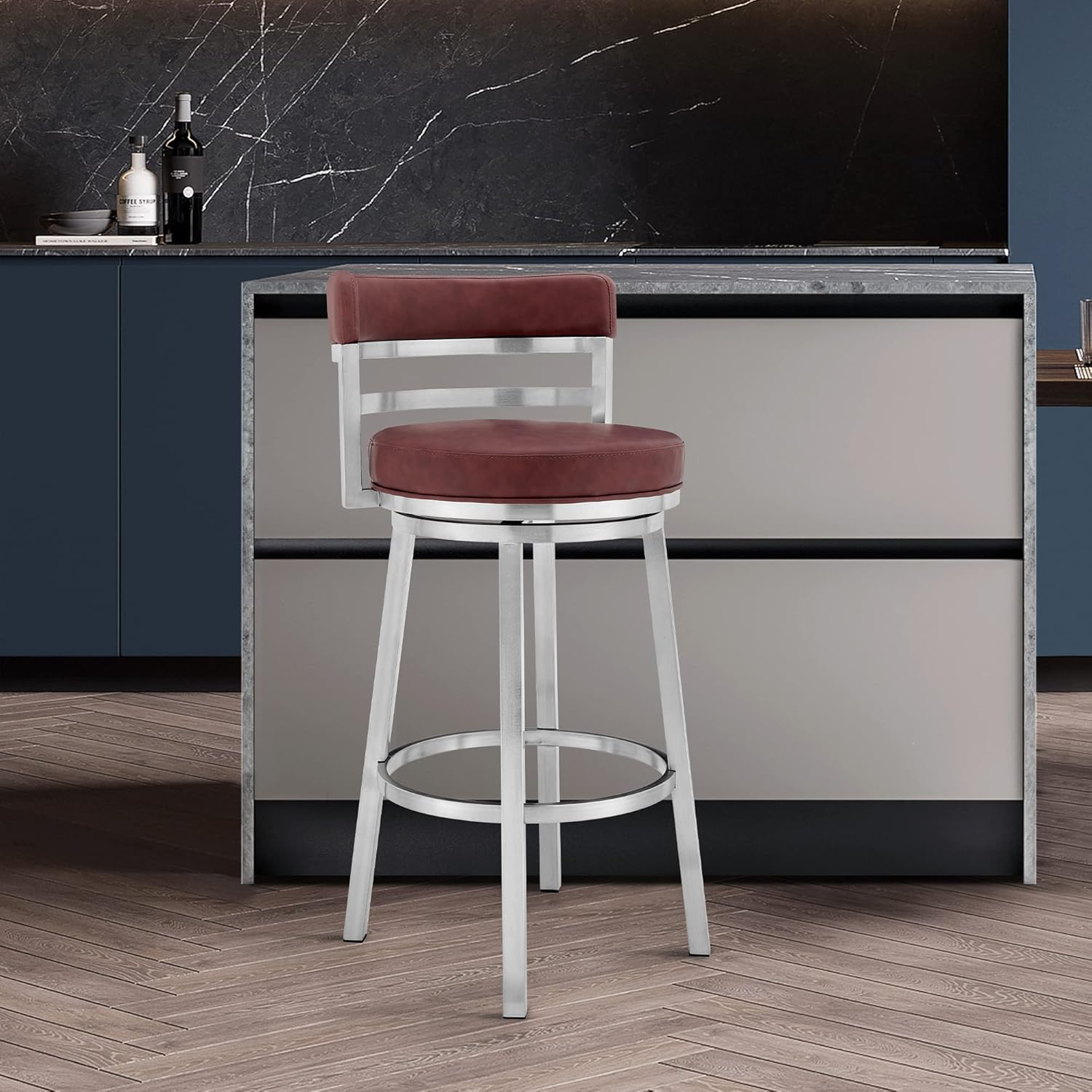 Armen Living Titana 30" Bar Height Swivel Red Faux Leather and Brushed Stainless Steel Bar Stool