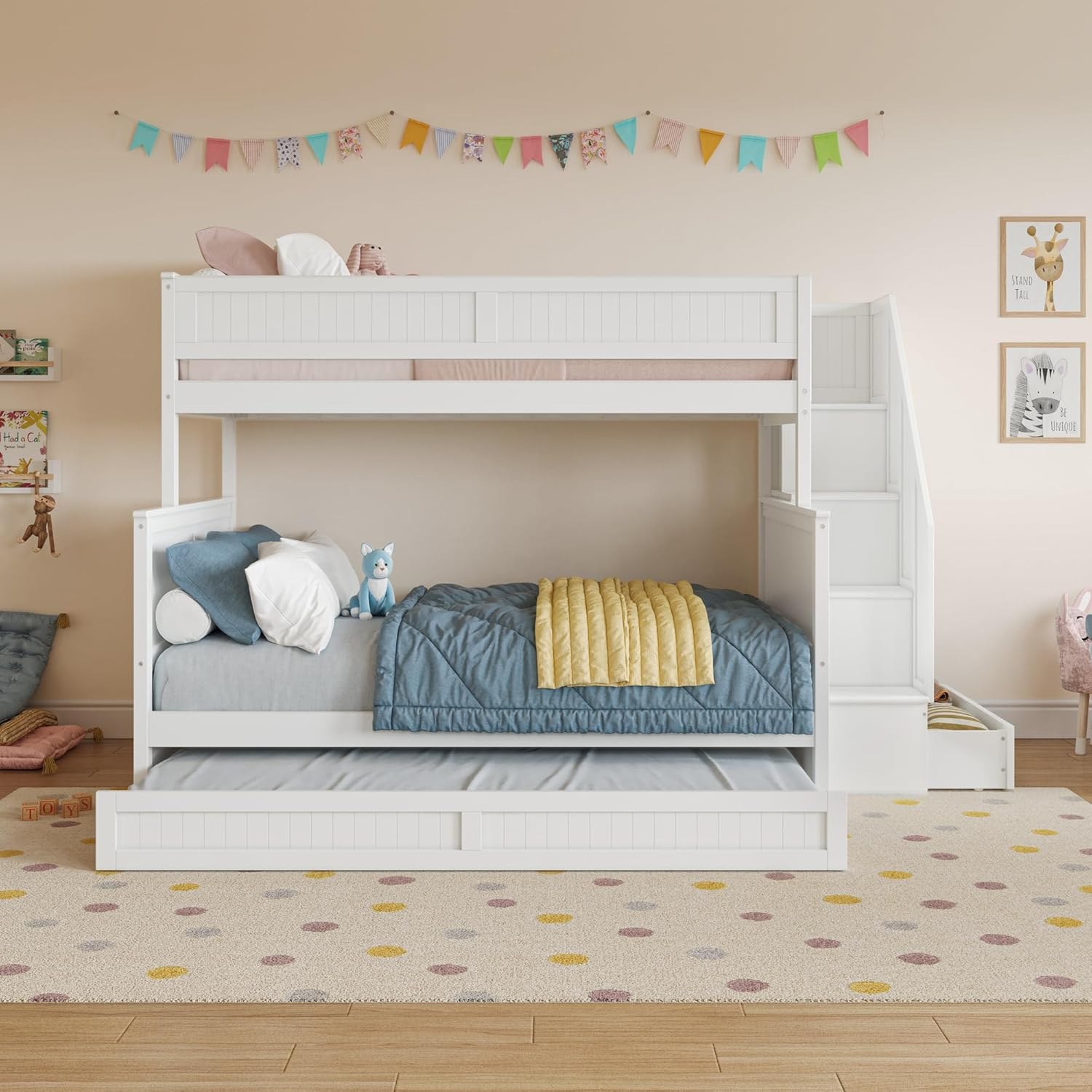Dover Twin over Full Wood Staircase Bunk Bed with Drawer & Trundle in White