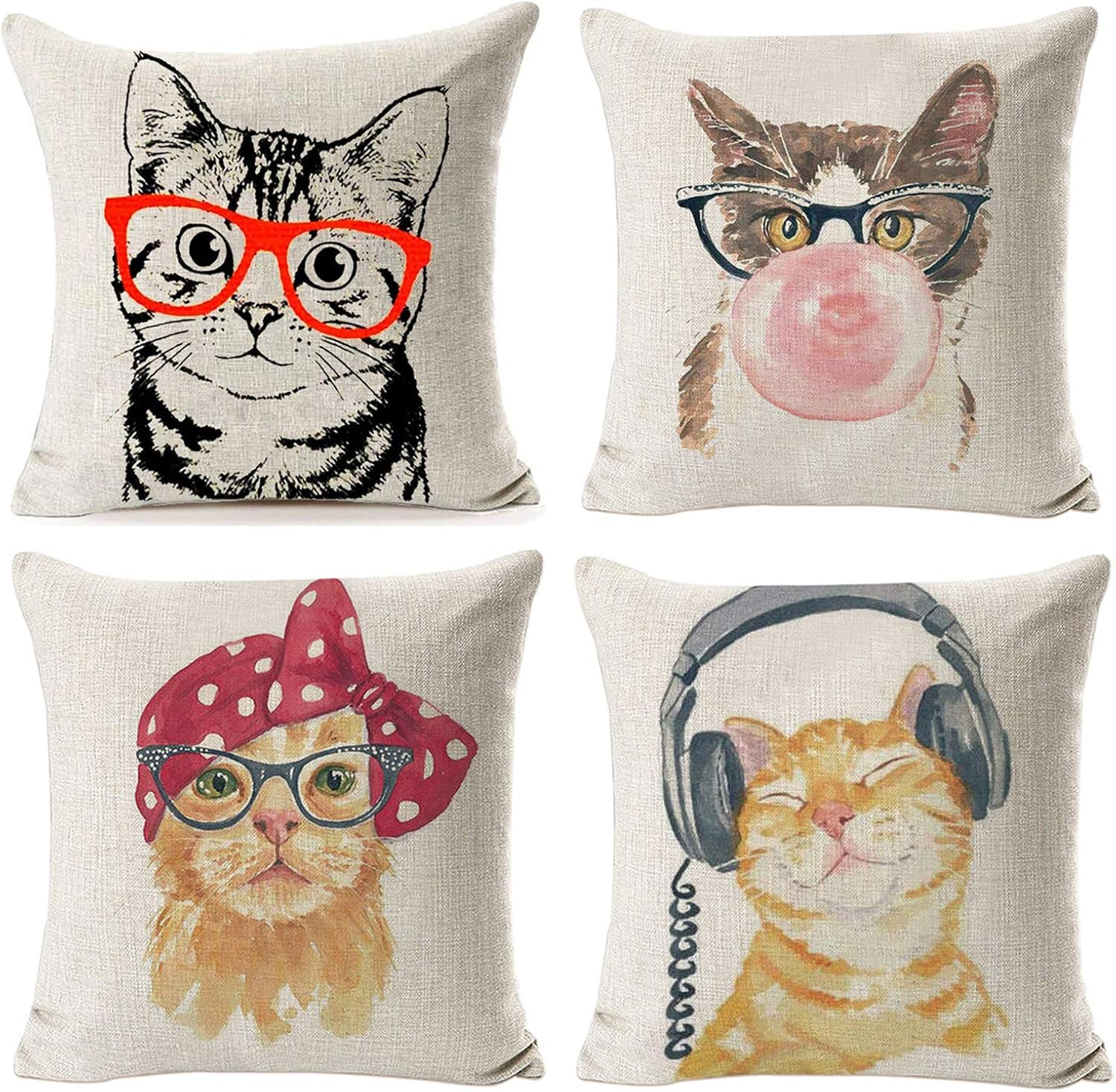 Throw Pillow Covers Cat Pillow Cases Animal Kitty Pillowcase Cotton Linen Cushion Cover for Couch Bed Sofa Patio Car,18" x 18",Set of 4