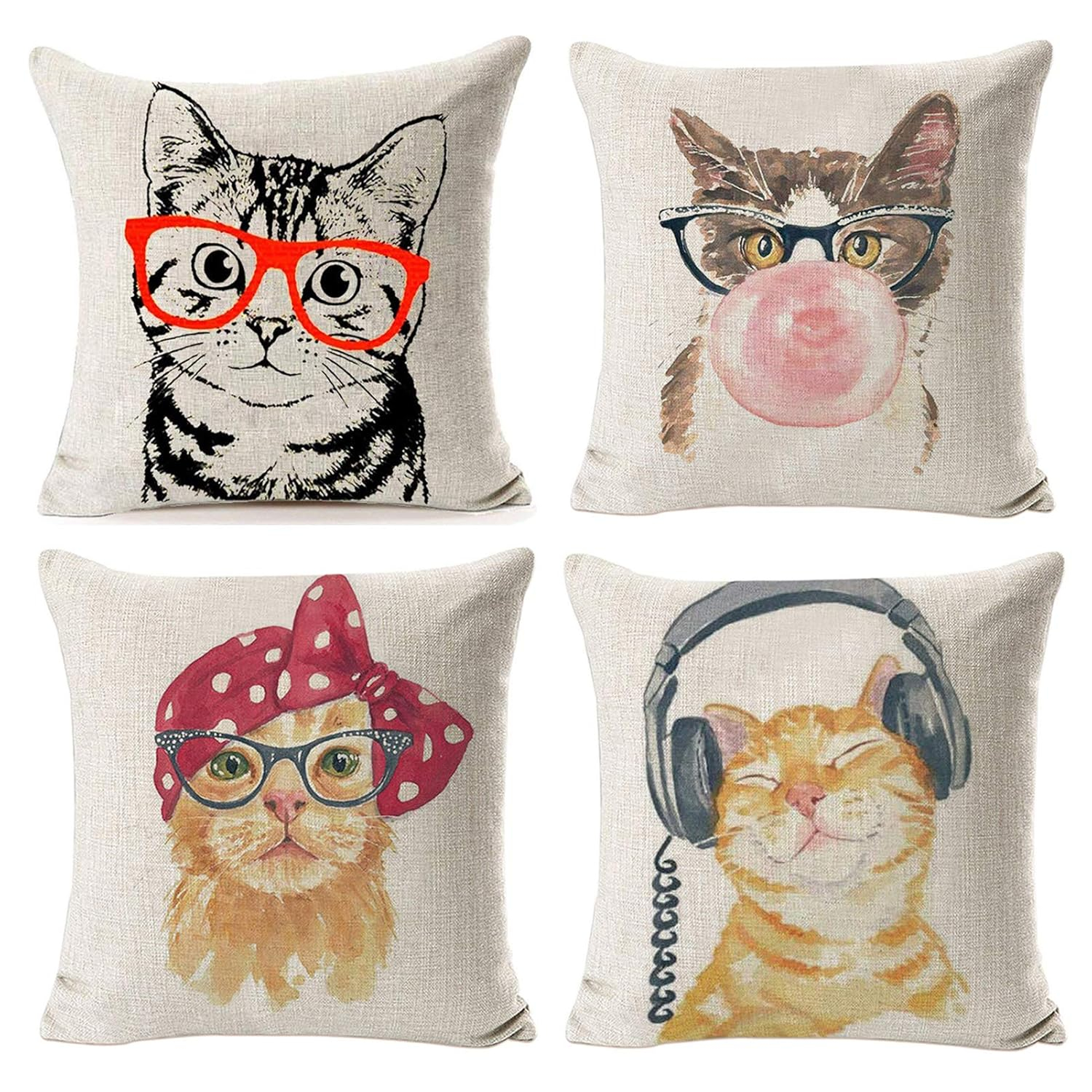 Throw Pillow Covers Cat Pillow Cases Animal Kitty Pillowcase Cotton Linen Cushion Cover for Couch Bed Sofa Patio Car,18" x 18",Set of 4