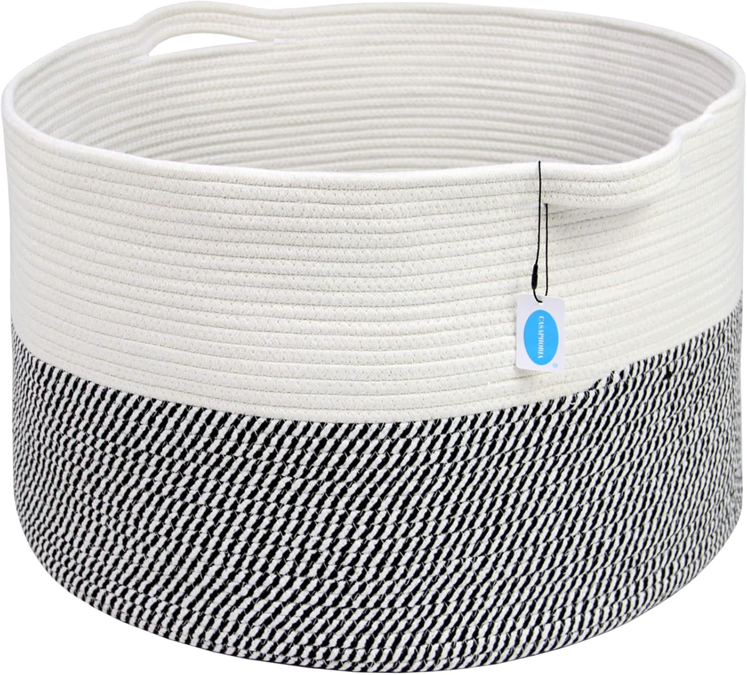 Casaphoria XXXLarge Cotton Rope Basket for Living Room - Woven Storage Basket with Handle for Blankets, Towels and Pillows Laundry Hamper | White & Grey (21.7" x 21.7" x 13.8")