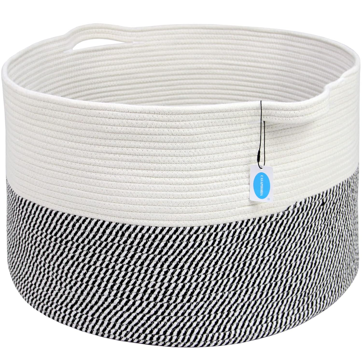 Casaphoria XXXLarge Cotton Rope Basket for Living Room - Woven Storage Basket with Handle for Blankets, Towels and Pillows Laundry Hamper | White & Grey (21.7" x 21.7" x 13.8")