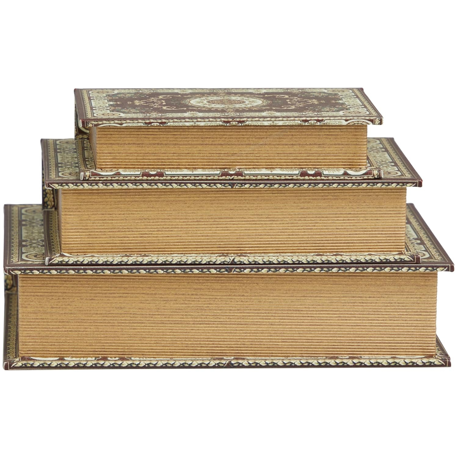 Deco 79 Canvas Decorative Box Storage Book Book Shaped Boxes with Arabesque Pattern and Gold Page Inspired Detail, Set of 3 Decorative Keepsake Boxes 12, 10, 8" H, Red