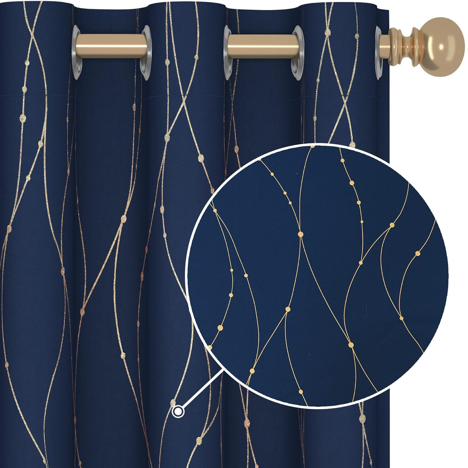 Deconovo Room Darkening Blackout Curtains, Navy Blue, 42W x 45L Inch, Gold Foil Printed Wave Line and Dots Pattern Grommet Window Drapes