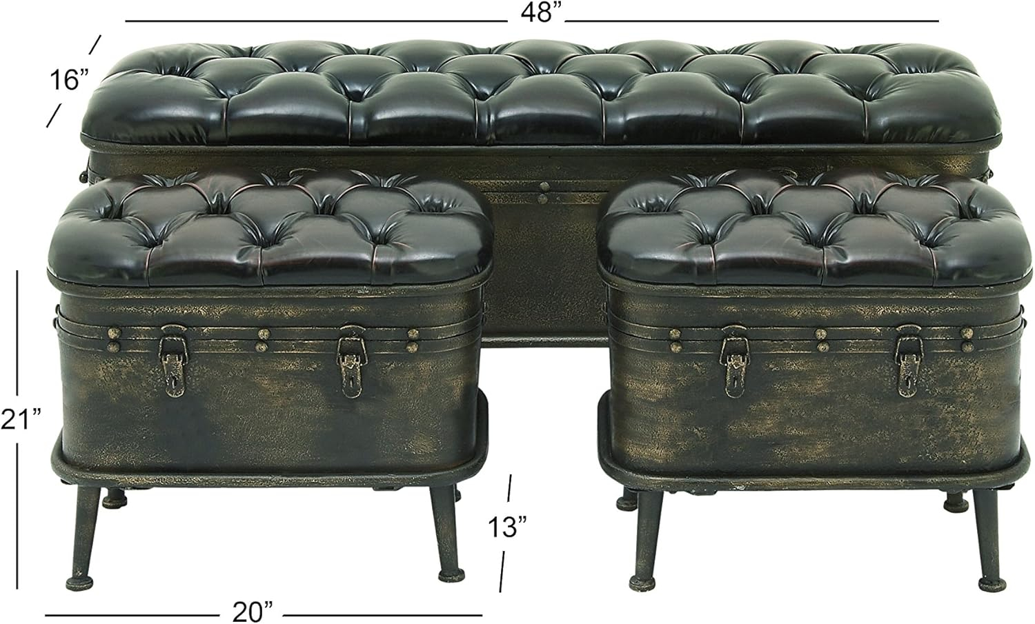 DecMode Metal Storage Bench with Tufted Faux Leather, Brown, Set of 3