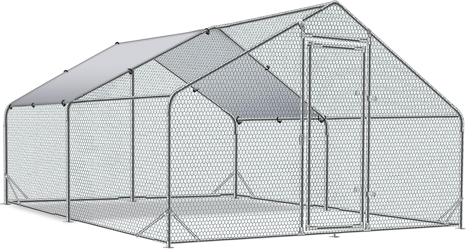 Tolead Large Metal Chicken Coop and Run with Tri-Supporting Wire Mesh, Silver Fits 20 Chickens, Ducks, Rabbits