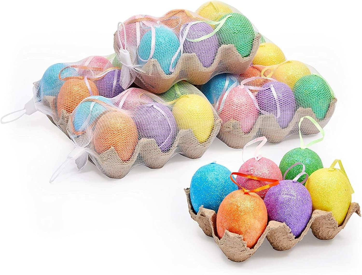 36 Pack Easter Egg Ornaments in 6 Sparkle Colors - Glitter Foam Hanging Easter Eggs for Easter Tree Decorations, Basket Filler, Home Party, DIY Crafts