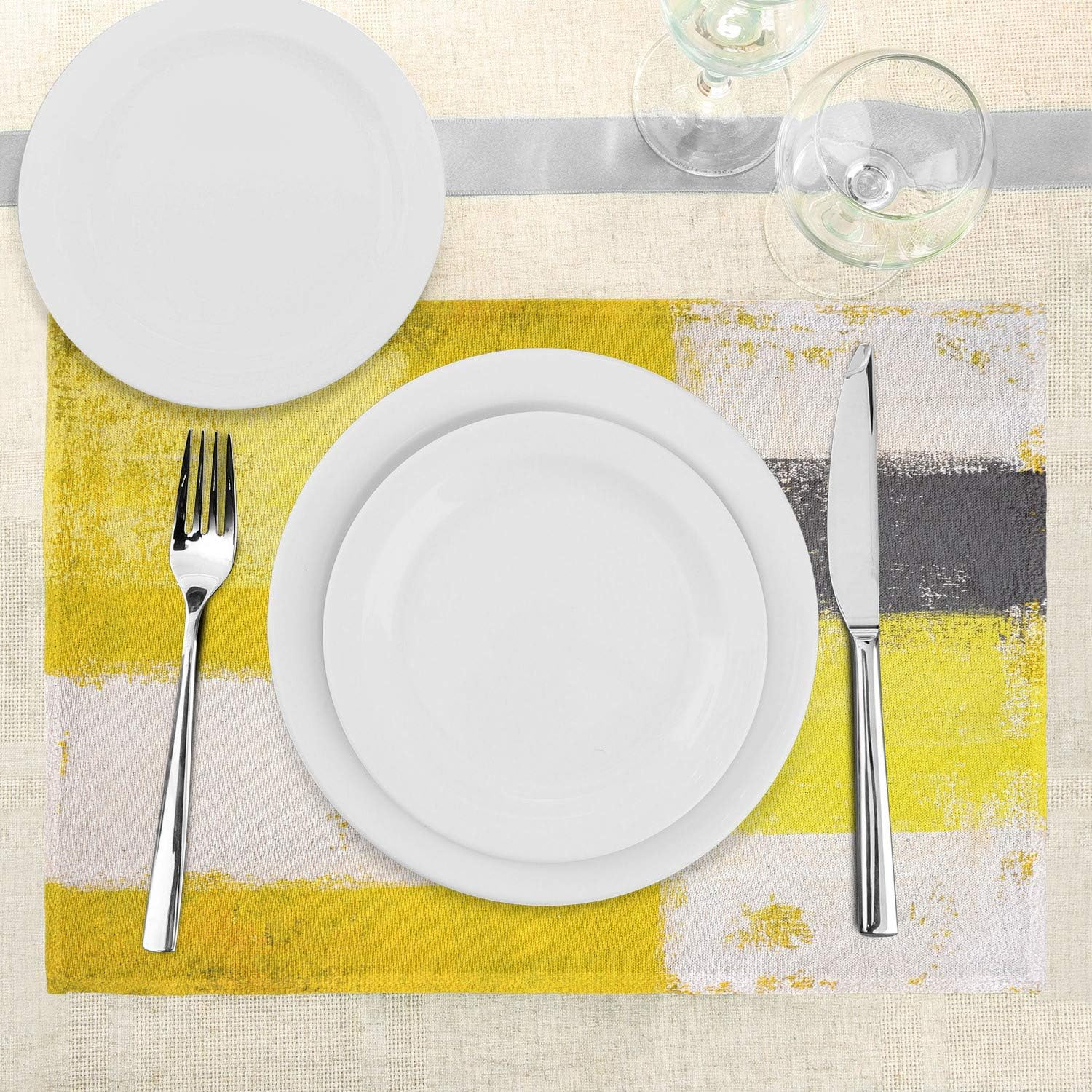 Ambesonne Abstract Place Mats Set of 4, Grunge Brushstrokes, Standard Size, Grey Yellow