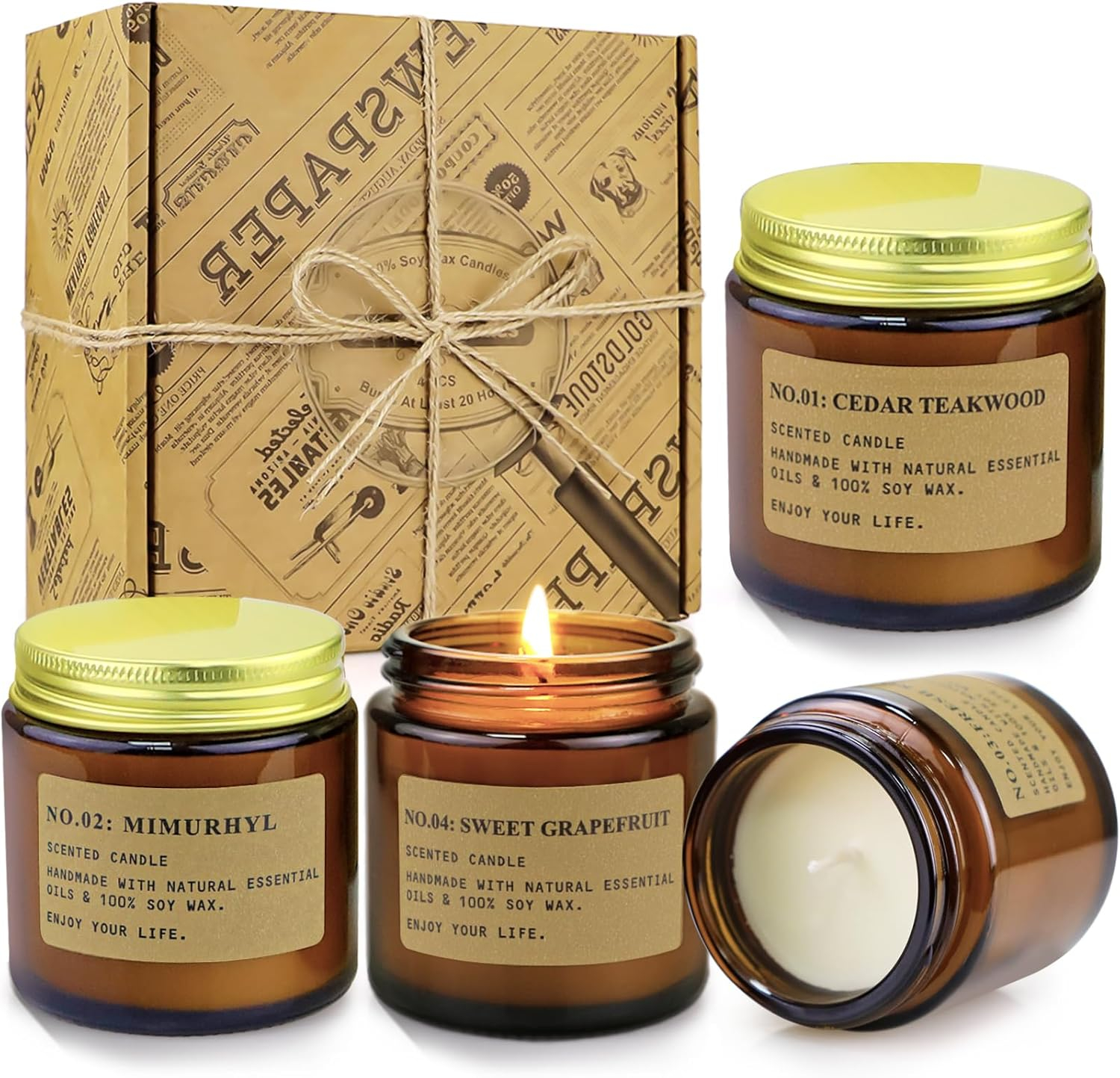 YFYTRE 4 Pack Scented Candle Set Soy Wax, Aromatherapy Candles for Home Decoration, Jar Candles Gift for Women with Amber Glass Jars and Kraft Wrapping