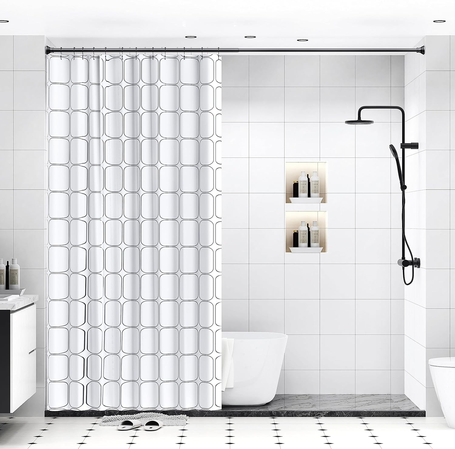 BloomFlower Black Shower Rod with 12 Hooks, 43-72 Inches, Rust Resistance, Adjustable Tension Rod with Durable Spring