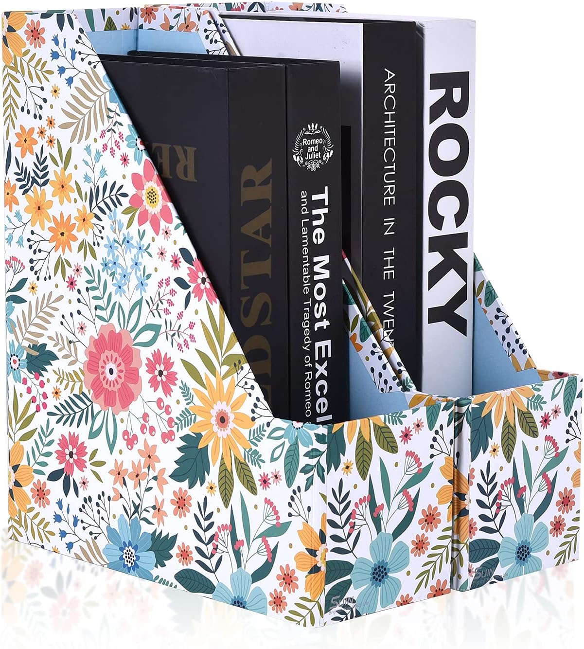 SUIN 2 Packs Foldable Magazine-File Holder, Seamless Floral Design File-Boxes Desk Organizer for Office/Home/School, Cardboard