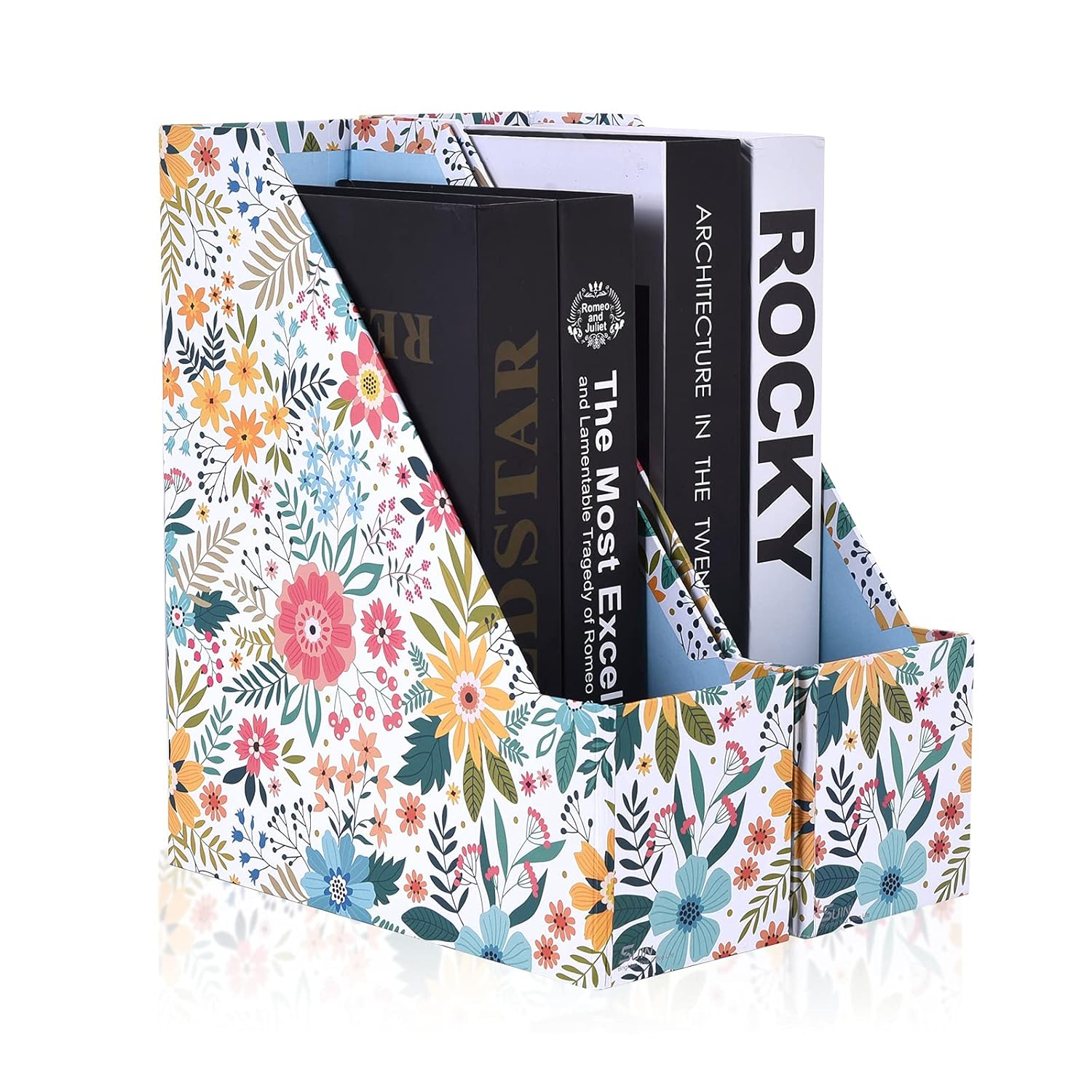 SUIN 2 Packs Foldable Magazine-File Holder, Seamless Floral Design File-Boxes Desk Organizer for Office/Home/School, Cardboard