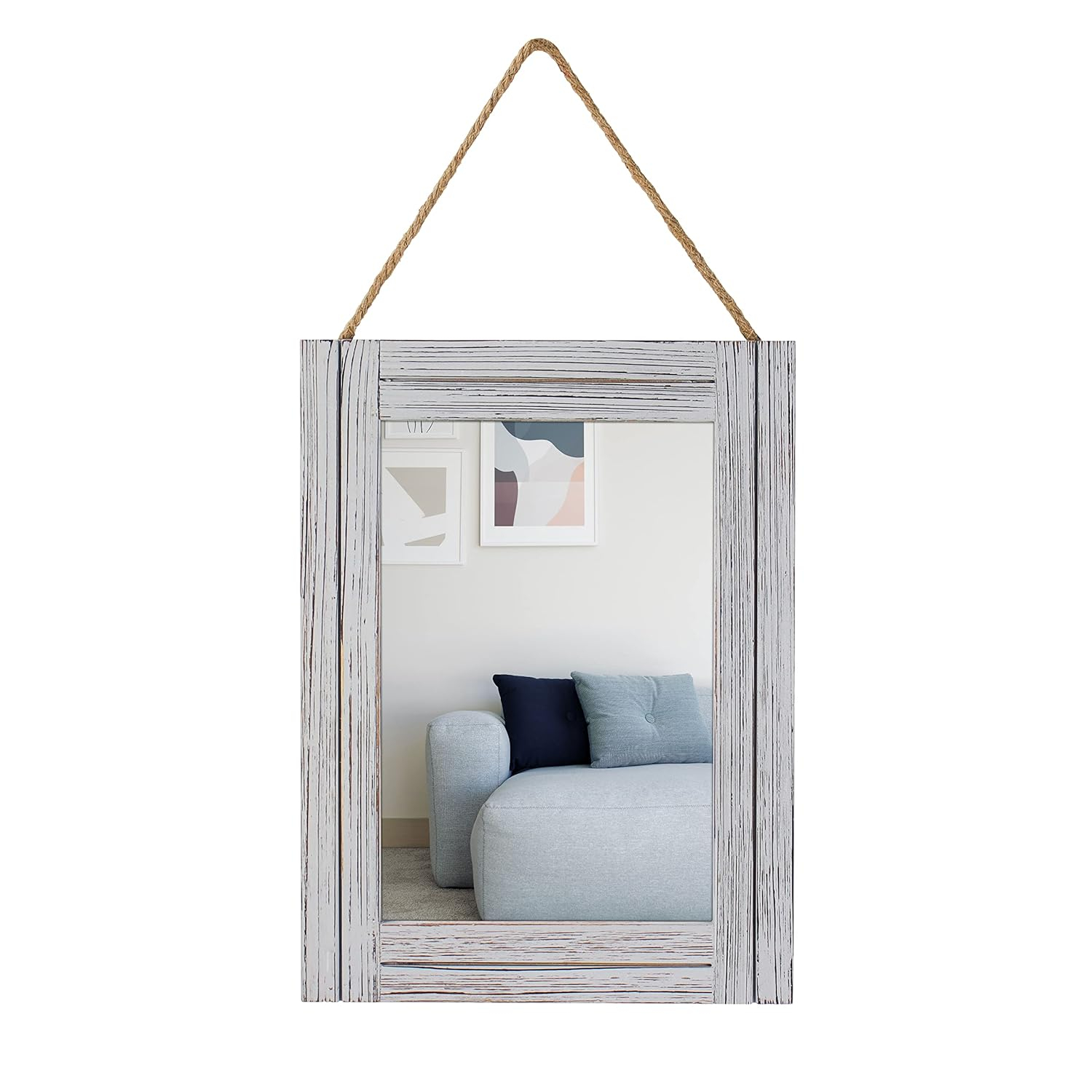 Arikago 12 x 16 in Wall Decorative Mirror, Rustic Wood Frame Rectangular Mirror with Hanging Rope for Entryway, Bedroom, Guest Bathroom, Living Room, Bedroom - Grey